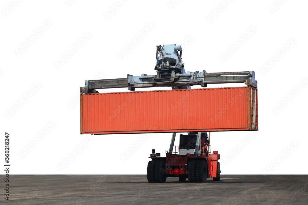 Forklift handling container box loading isolated on white background.