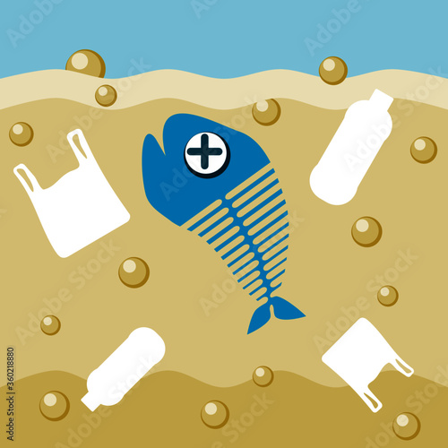 Dead blue fish (fishbone) float in the of the polluted brown water source from pollution with garbage from plastic water bottle and plastic bag flat icon vector.