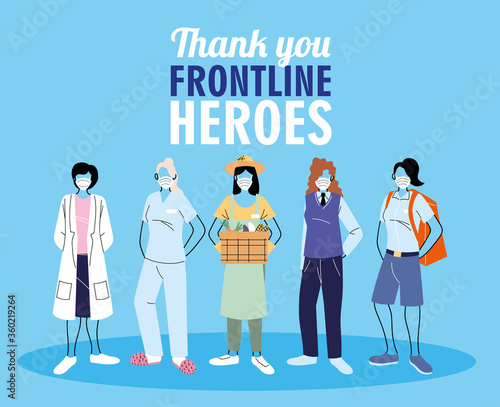 Thanks to the front line workers. Diverse people from different occupations wear protective masks.