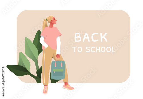 Young girl with backpacks, university student. Back to school type. Vector illustration