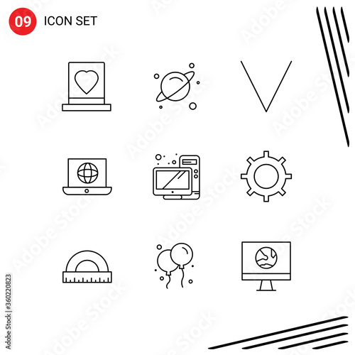 Group of 9 Modern Outlines Set for hardware, computer, arrow, technical, world photo