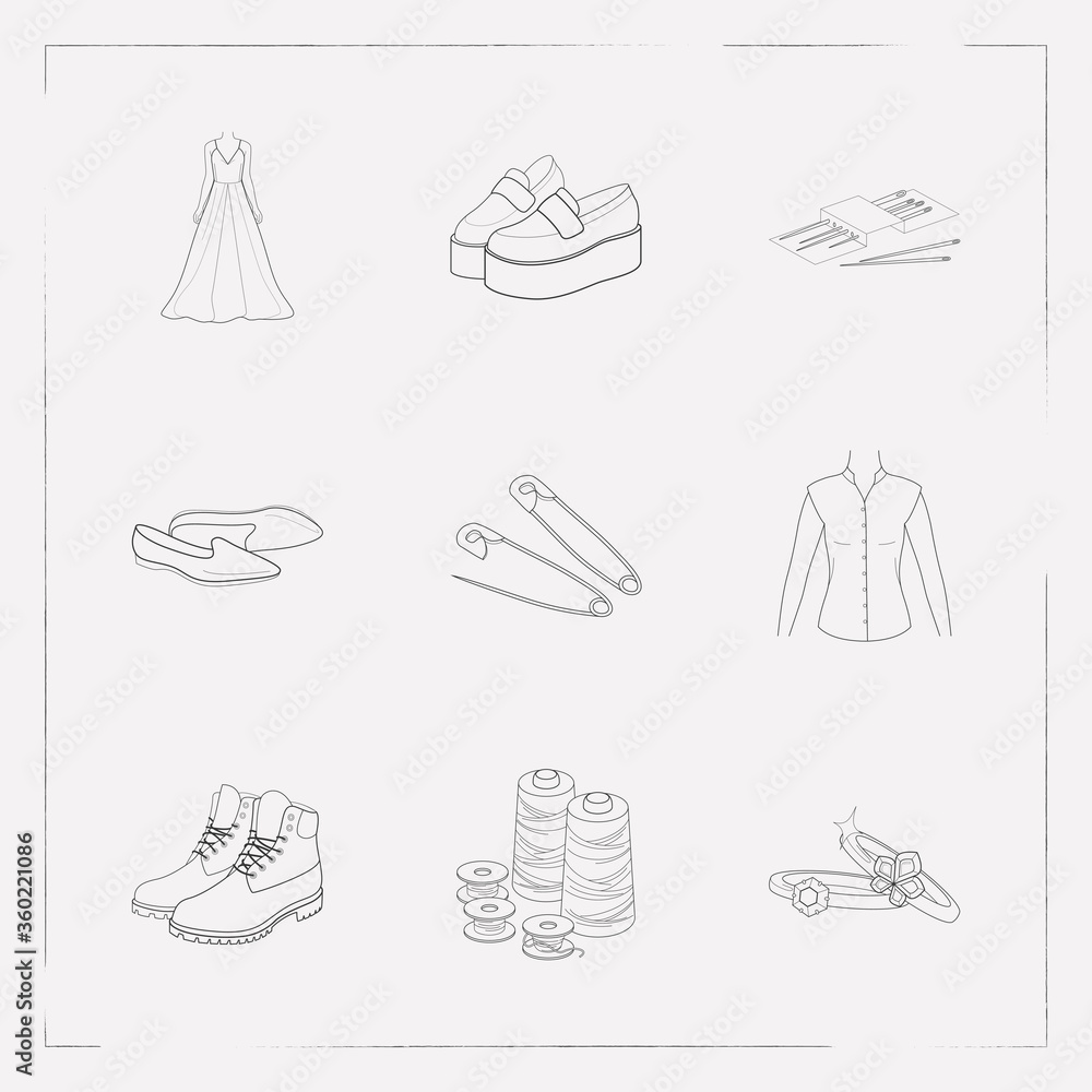 Vetor de Set of garment icons line style symbols with safety pin, flat ...