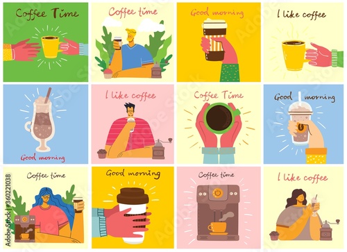 Smiling people friend drinking coffee and talking. Coffee time, break and relaxation vector concept cards. Vector illustration in lat design style