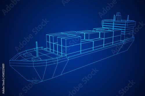 Heavy dry cargo ship of bulk carrier with freight containers. Wireframe low poly mesh vector illustration.