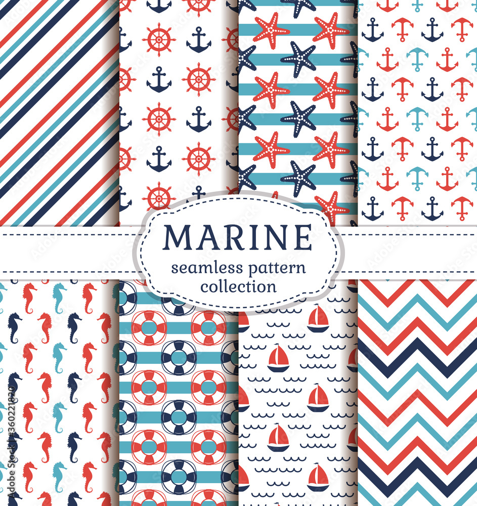 Set of marine and nautical backgrounds. Sea theme. Seamless patterns collection. Vector illustration. Set of marine and nautical backgrounds. Sea theme. Seamless patterns collection. Vector illustration.