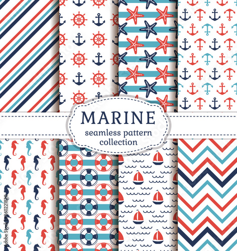Set of marine and nautical backgrounds. Sea theme. Seamless patterns collection. Vector illustration.