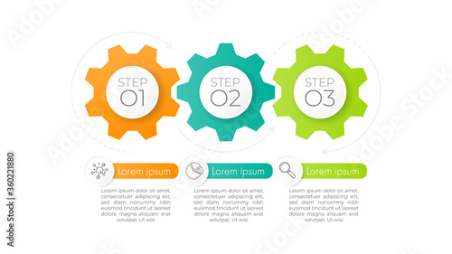 Minimal infographics gear design vector and icons can be used for workflow layout, diagram, annual report. Vector infographics timeline design template with 3 options, parts, steps or processes.