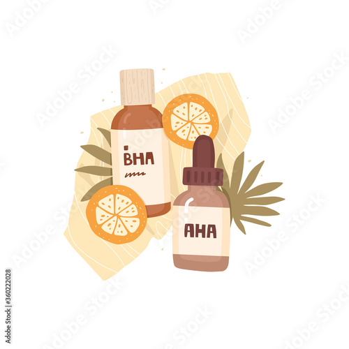 Towel and cosmetic packaging, tropical leaves, orange slices. Label inscription "AHA", "BHA". Acid toner and serum. Anti-age procedures, peeling, skin treatment. Home spa, dermatology, and cosmetology