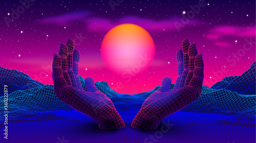 Neon colored 80s or 90s styled landscape with 3D hands holding the glowing purple sun