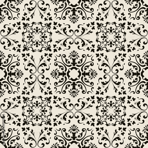 Seamless Damask pattern. Majolica pottery tile, black and gray azulejo, original traditional Portuguese and Spain decor. Seamless tile with Islam, Arabic, Indian, Ottoman motifs