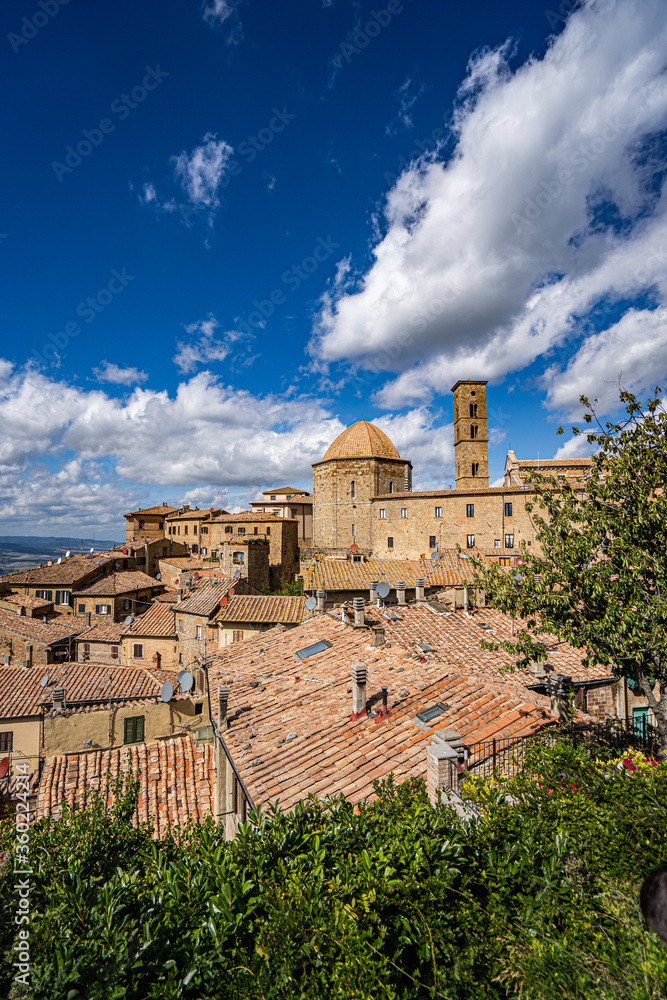 Volterra Tuscany, Toskana town skyline, church and panoramic view, Italy, Fall 