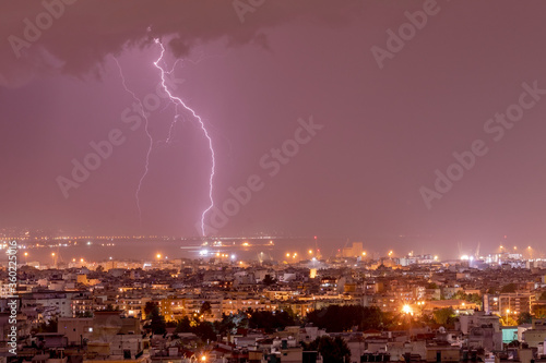 Lightning storm strikes the city of Thessaloniki, Greece