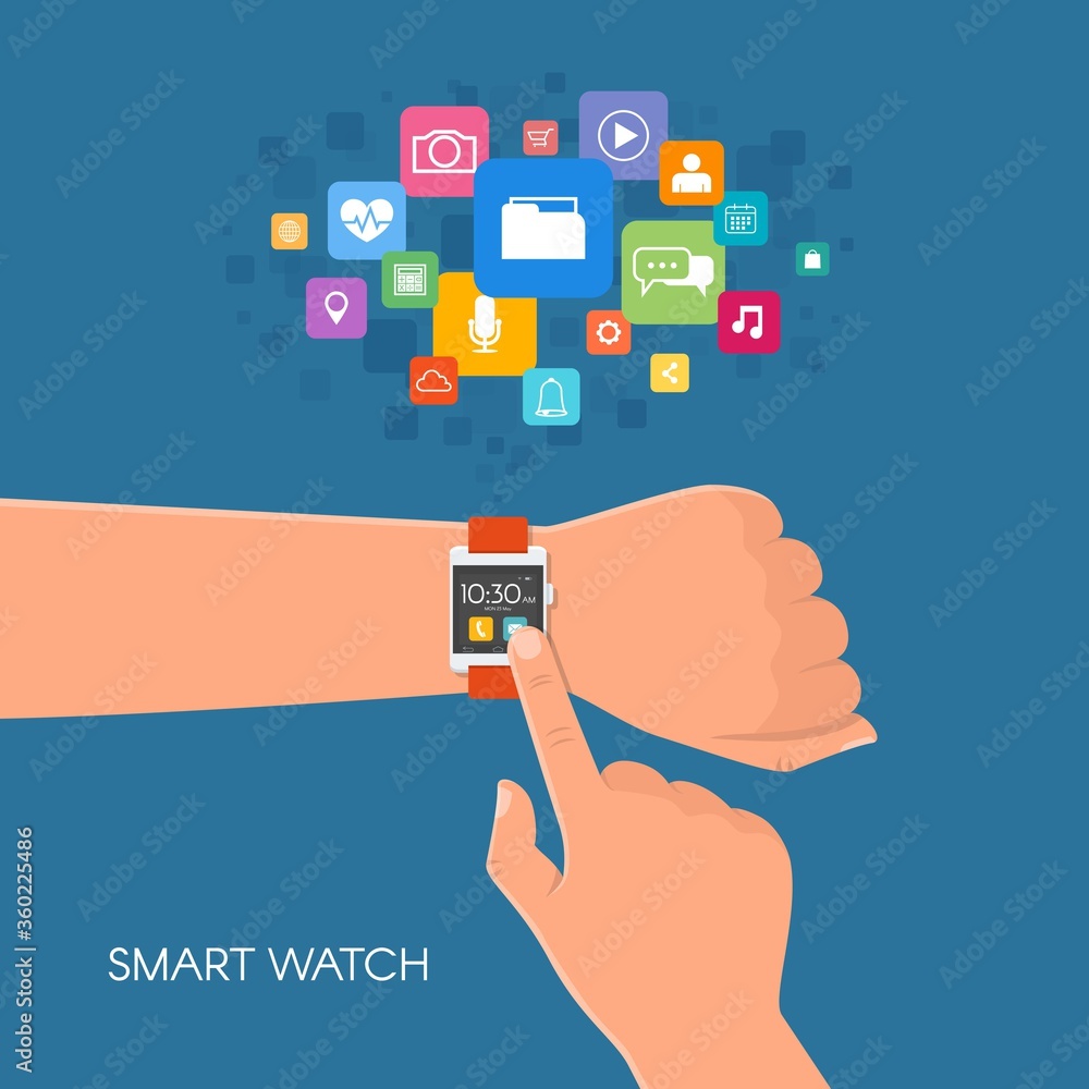 Hand with watch. Vector illustration in flat style. Design elements and app icons Hand with watch. Vector illustration in flat style. Design elements and app icons