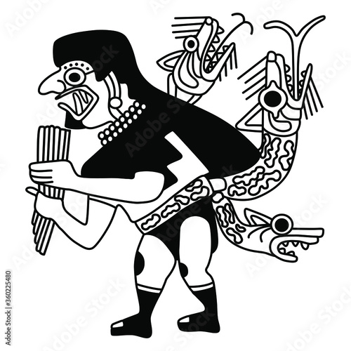 Fantastic snake man playing flute. Ancient Peruvian art of Mochica or Moche Indians. Black and white silhouette. Native American mythology.