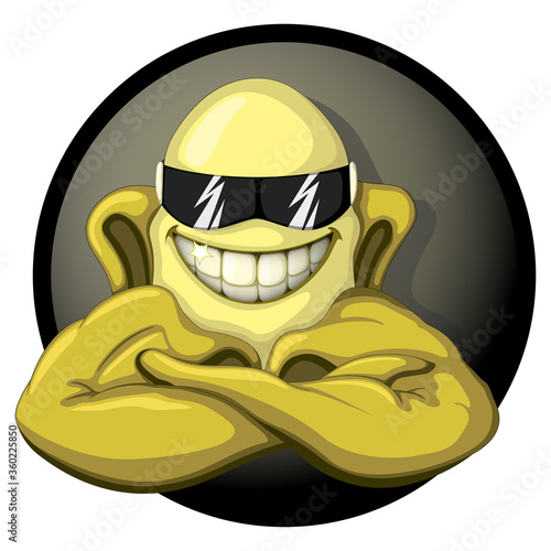 Vector illustration of a cool cartoon yellow banana wearing sunglasses muscular rolling.