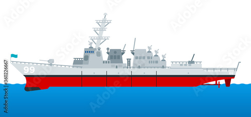 Military cruiser. Warship rides on the sea. The missile cruiser sets sail. vector icon flat isolated.