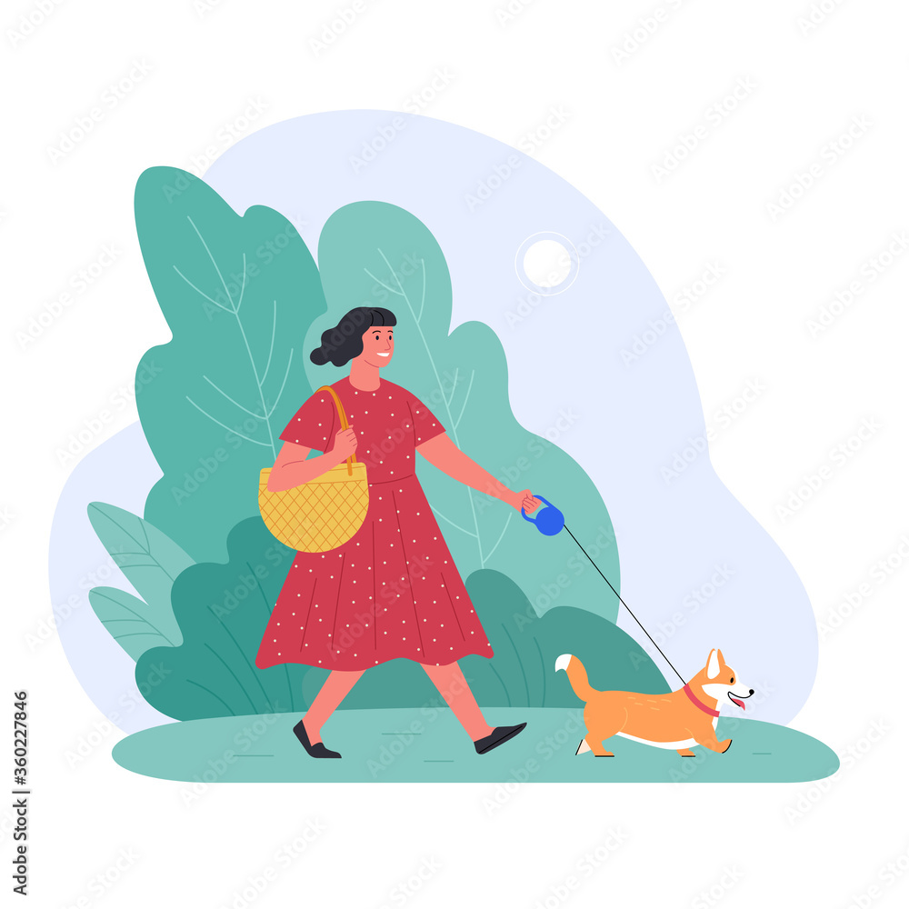 Alone at the fresh air. Vector illustration of young cartoon brunette woman in red dress walking with dog in a park. Isolated on white