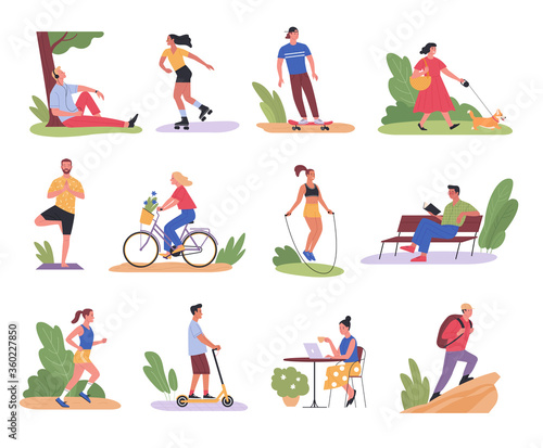 Alone at the fresh air. Vector collection of diverse cartoon people spending time outdoors alone. Isolated on white