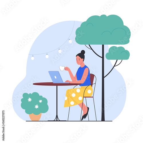 Rest alone. Vector illustration of young cartoon brunette woman sitting on the cafe terrace with a laptop. Isolated on white