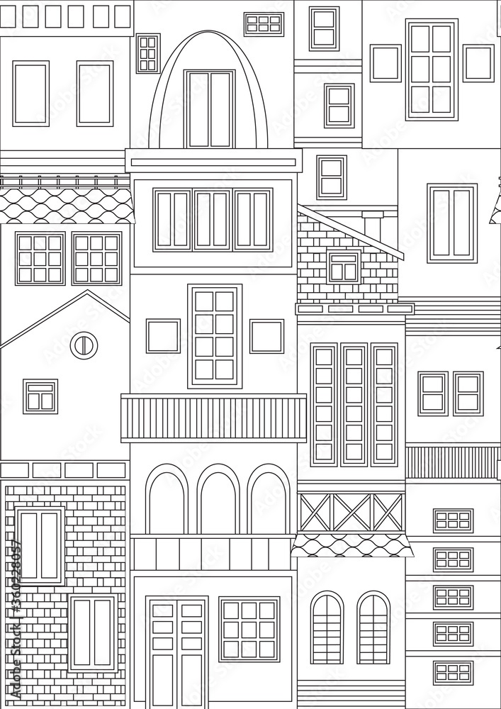 Seamless pattern or coloring page for european architecture as anti stress therapy, outline vector stock illustration with tiered houses