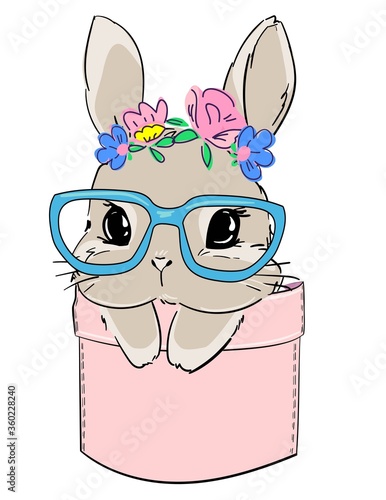 Cute rabbit in glasses sits in a pocket. Print design for textiles, baby clothes, banner. Vector