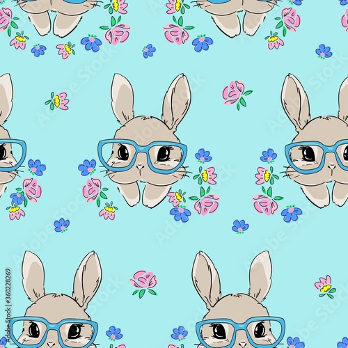 Seamless Pattern cute bunny and flowers. Vector illustration. Childish print design for nursery, t-shirt, textile, background.