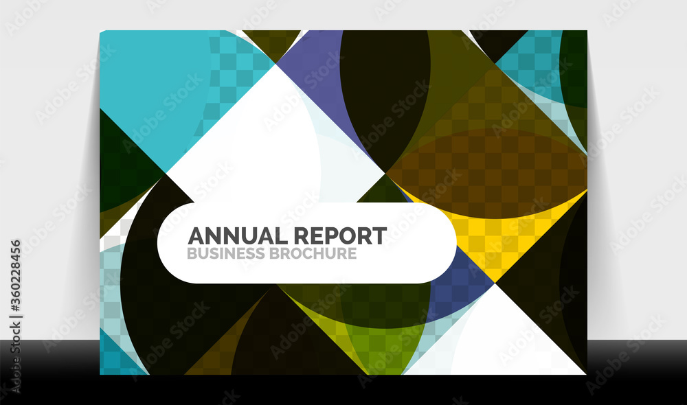 Horizontal A4 business flyer annual report template, circles and triangle style shapes modern geometric design for brochure layout, magazine or booklet Horizontal A4 business flyer annual report template, circles and triangle style shapes modern geometric design for brochure layout, magazine or booklet