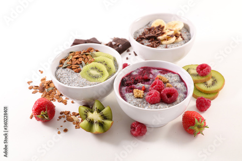 assorted of chia pudding with fresh fruits and cereal