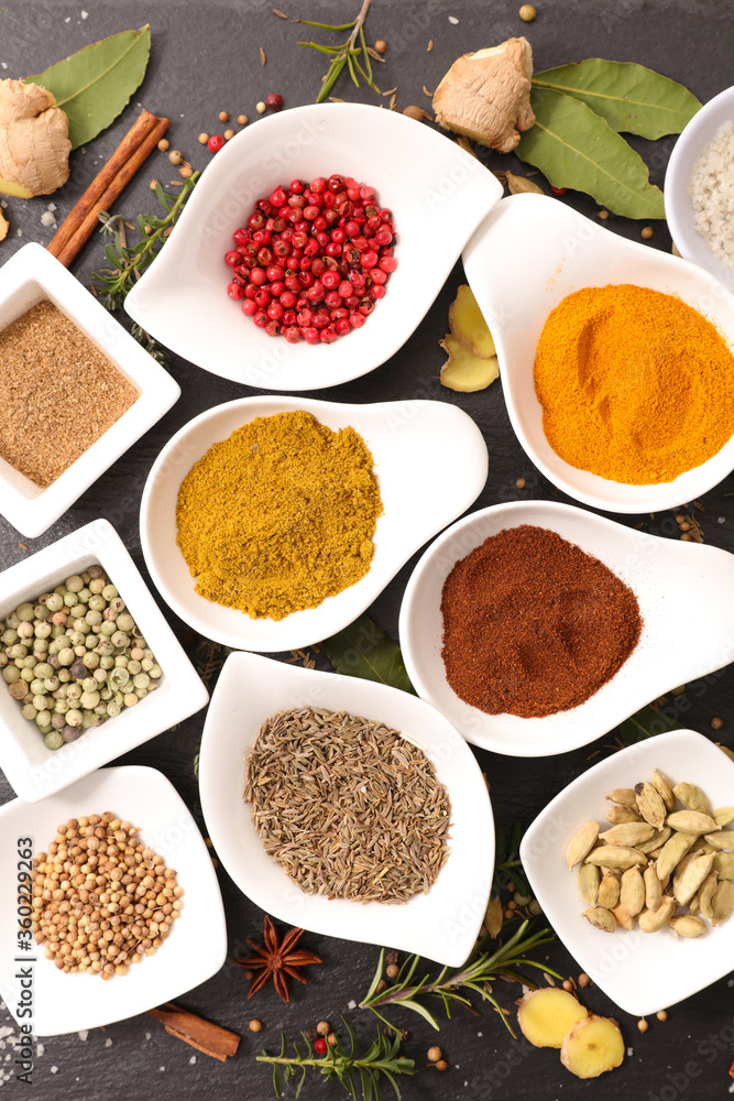 assorted of spices and herbs- top view assorted of spices and herbs- top view