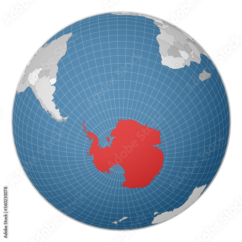 Globe centered on Antarctica. Country highlighted with red color on world map. Satellite world projection. Beautiful vector illustration.
