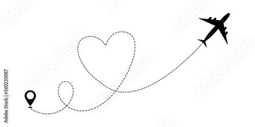 Heart airplane travel route line for romantic journey concept. Vector illustration