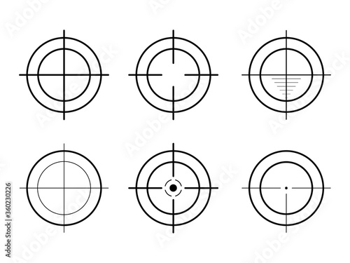 Sniper rifle scope. Weapon aim. Set of targets and destination. Focus icons. Vector illustration
