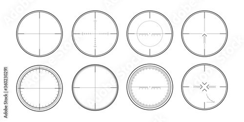 Sniper rifle scope. Weapon aim. Set of targets and destination. Focus icons. Vector illustration