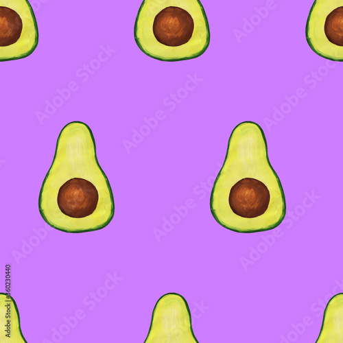 Seamless pattern with avocados on purple squared background. Raster illustration of a half of a hand drawn avocado.