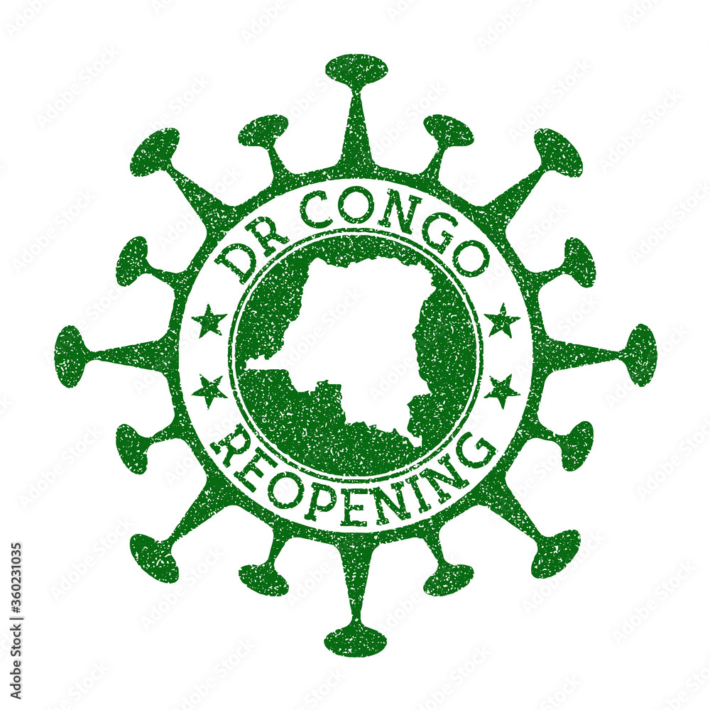 DR Congo Reopening Stamp. Green round badge of country with map of DR Congo. Country opening after lockdown. Vector illustration.