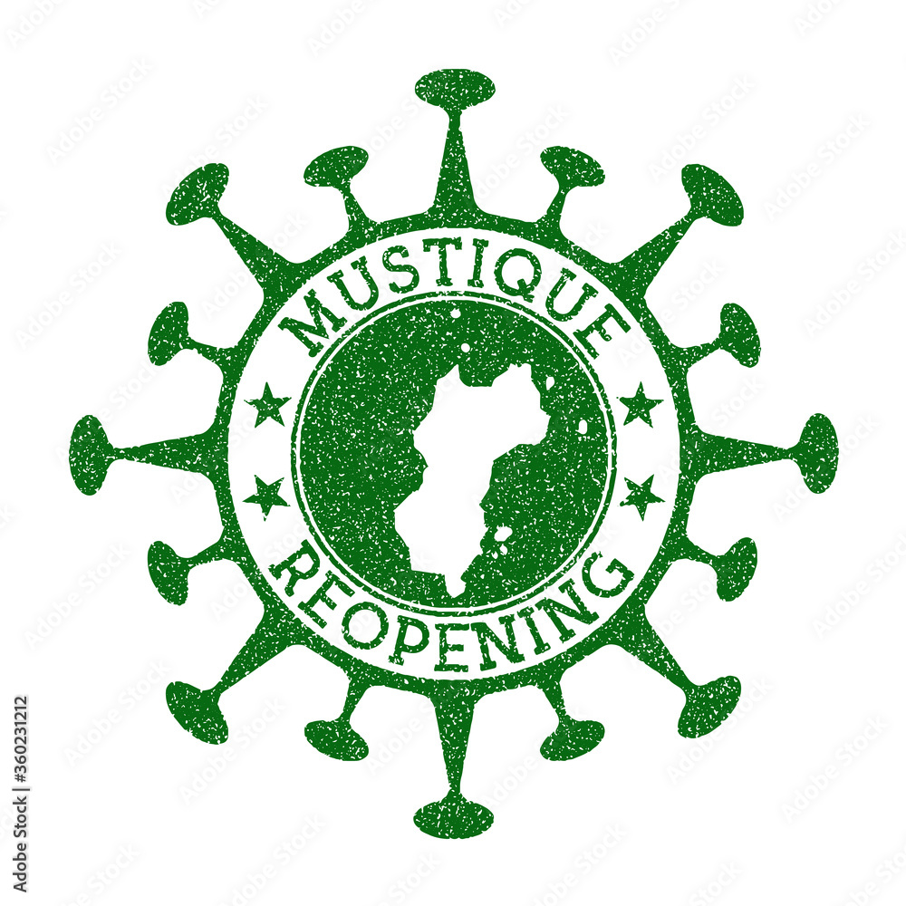 Mustique Reopening Stamp. Green round badge of island with map of Mustique. Island opening after lockdown. Vector illustration. Mustique Reopening Stamp. Green round badge of island with map of Mustique. Island opening after lockdown. Vector illustration.