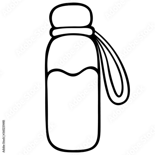 Plastic bottle for water. Sketch. Vector illustration. Outline on an isolated white background. Doodle style. Reusable liquid container. Sports accessory. A drink for the tone of the body. 