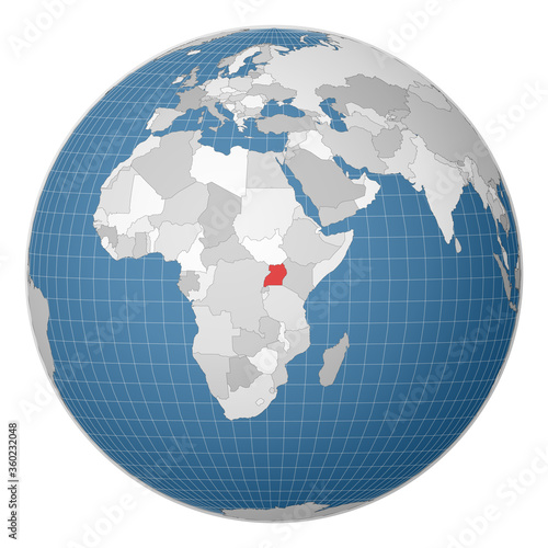 Globe centered to Uganda. Country highlighted with green color on world map. Satellite world projection. Authentic vector illustration.