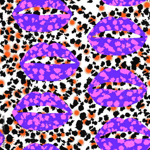 Pattern design of a leopard print lips and hearts on animal print background