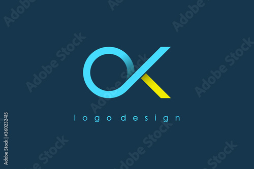 Initial Letter O and K Linked Logo. Blue Bright and Yellow Line Shape Origami Style isolated on Blue Background. Usable for Business and Branding Logos. Flat Vector Logo Design Template Element.