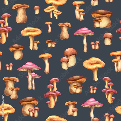 Seamless pattern with mushrooms. Autumn watercolor musroom pattern. Fall, autumn background. Perfect for fabrics, textile design, wrapping paper, cards, invitation, website design, wallpaper. 