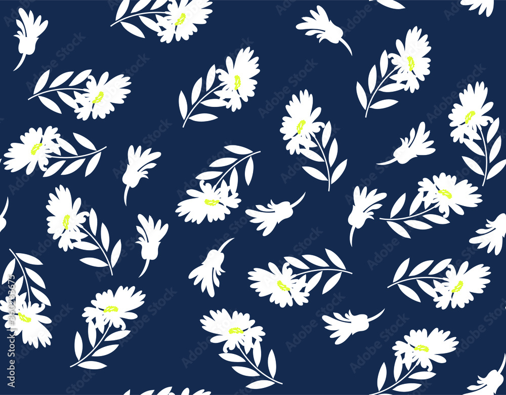 seamless vector flowers with leaves pattern on navy  background