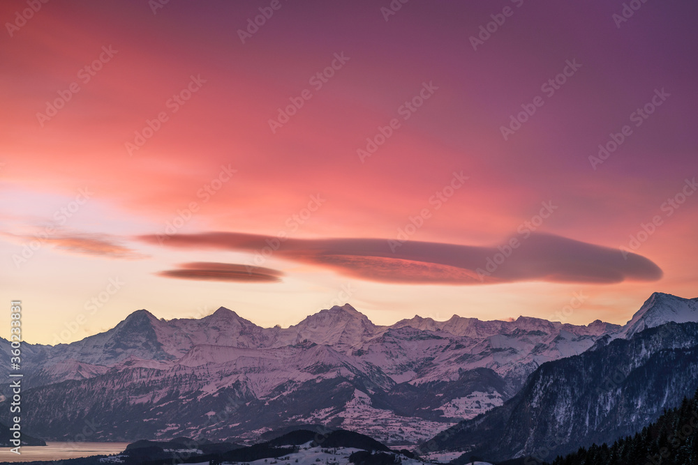 Fototapeta premium Sunrise in the Swiss alps, Switzerland, Gantrisch