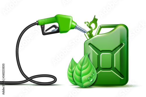 Biofuel. Gas pump nozzle and Green jerrycan with green leaves isolated on white background,