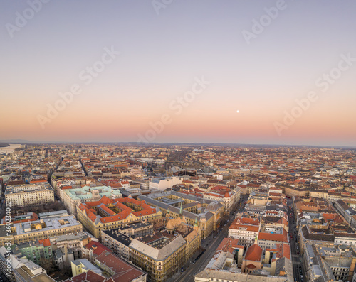 Aerial drone shot of Pest side of Budapest in Hungary during winter sunset hour