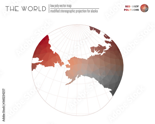 Vector map of the world. Modified stereographic projection for Alaska of the world. Red Grey colored polygons. Beautiful vector illustration.