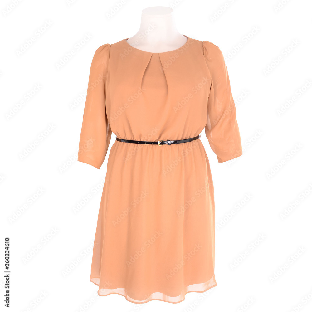 Brown woman dress with black belt on white background Brown woman dress with black belt on white background