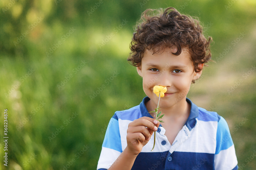 Asian boy smelling flower, portrait of little boy smelling picked flowers in nature Asian boy smelling flower, portrait of little boy smelling picked flowers in nature