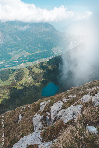 Mountain lake seen from a peak above it, Axalp, Switzerland