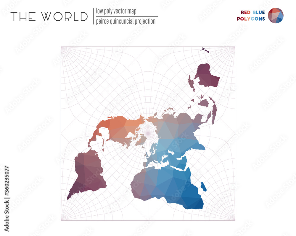 Abstract world map. Peirce quincuncial projection of the world. Red Blue colored polygons. Creative vector illustration.